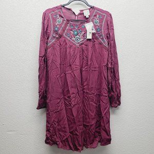 Blue Rain Floral Embroidered Long Sleeve Tunic Dress Size XS Purple